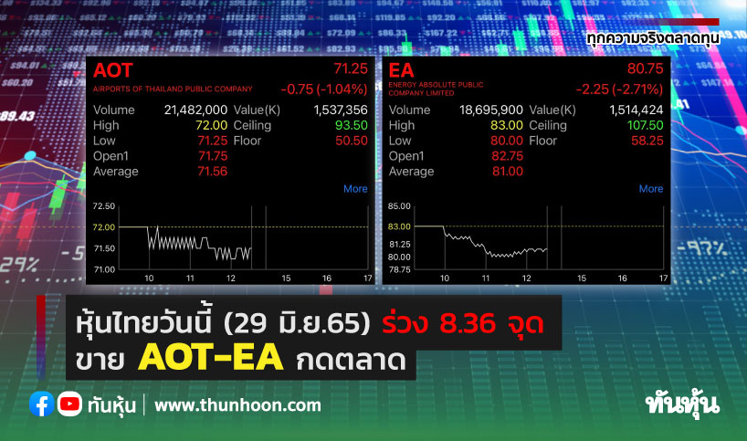 หุ้นไทยวันนี้(29 มิ.ย.65) ร่วง 8.36 จุด ขาย AOT-EA กดตลาด 