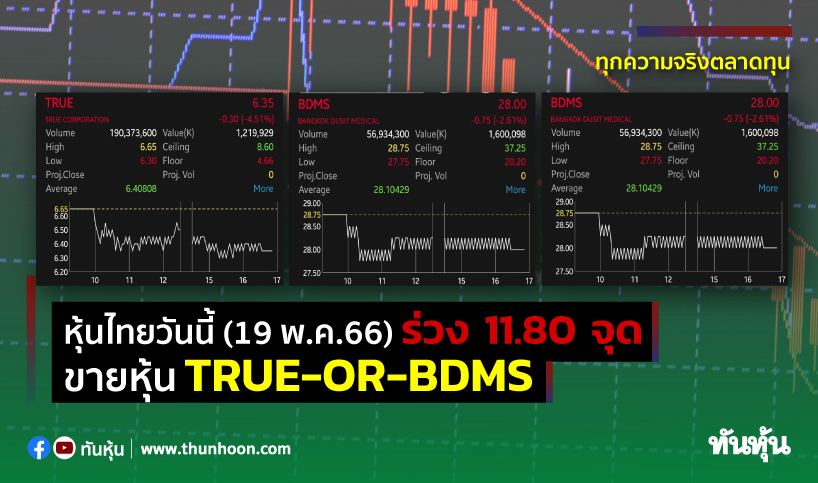 หุ้นไทยวันนี้(19 พ.ค.66) ดิ่ง 11.80 จุด ขายหุ้น True-Or -Bdms - Thunhoon