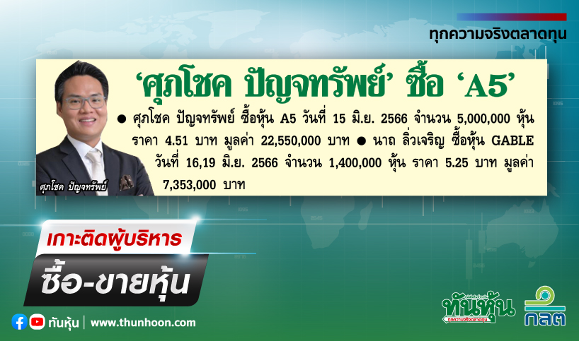 การซื้อขายหุ้นของผู้บริหาร บจ. ประจำวันที่ 20 มิถุนายน 2566 - Thunhoon