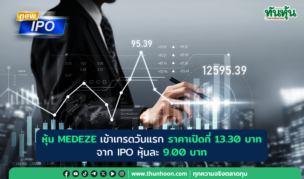 MEDEZE เทรดวันแรกราคาเปิดที่ 13.30 บาทเพิ่มขึ้น 47.78%  จาก IPO 