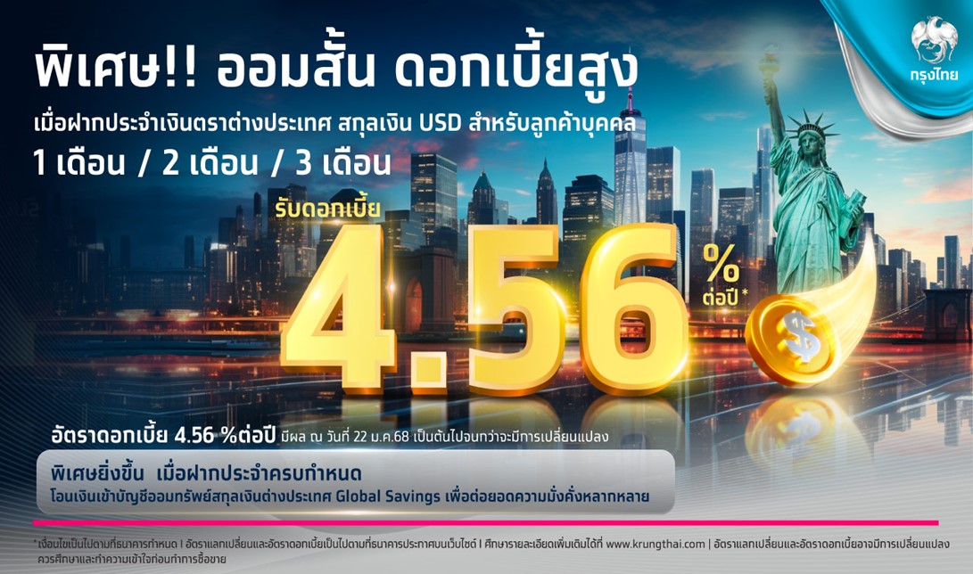 "KTB" ออกเงินฝากประจำสกุล USD ออมสั้น ดอกเบี้ยสูง 4.56% ต่อปี