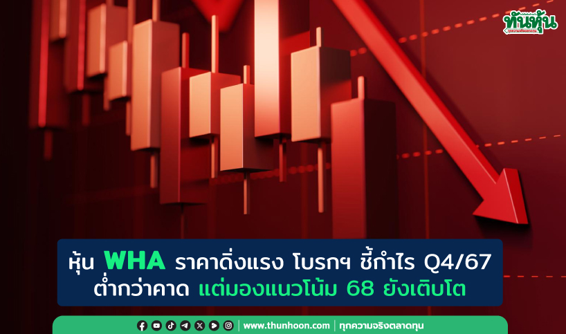 หุ้น WHA ราคาดิ่งแรง โบรกฯ ชี้กำไร Q4/67 ต่ำกว่าคาด แต่มองแนวโน้ม 68 ยังเติบโต