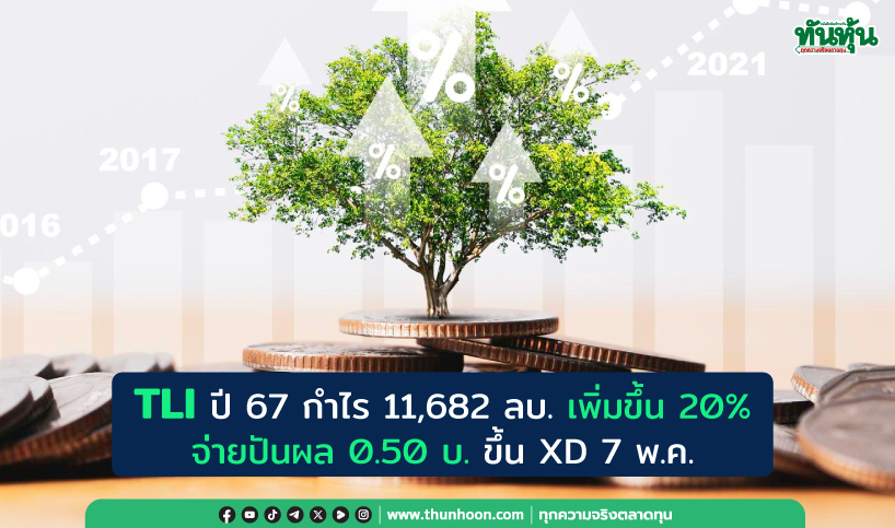 TLI ปี 67 กำไร 11,682 ลบ. เพิ่มขึ้น 20% จ่ายปันผล 0.50 บ. ขึ้น XD 7 พ.ค.