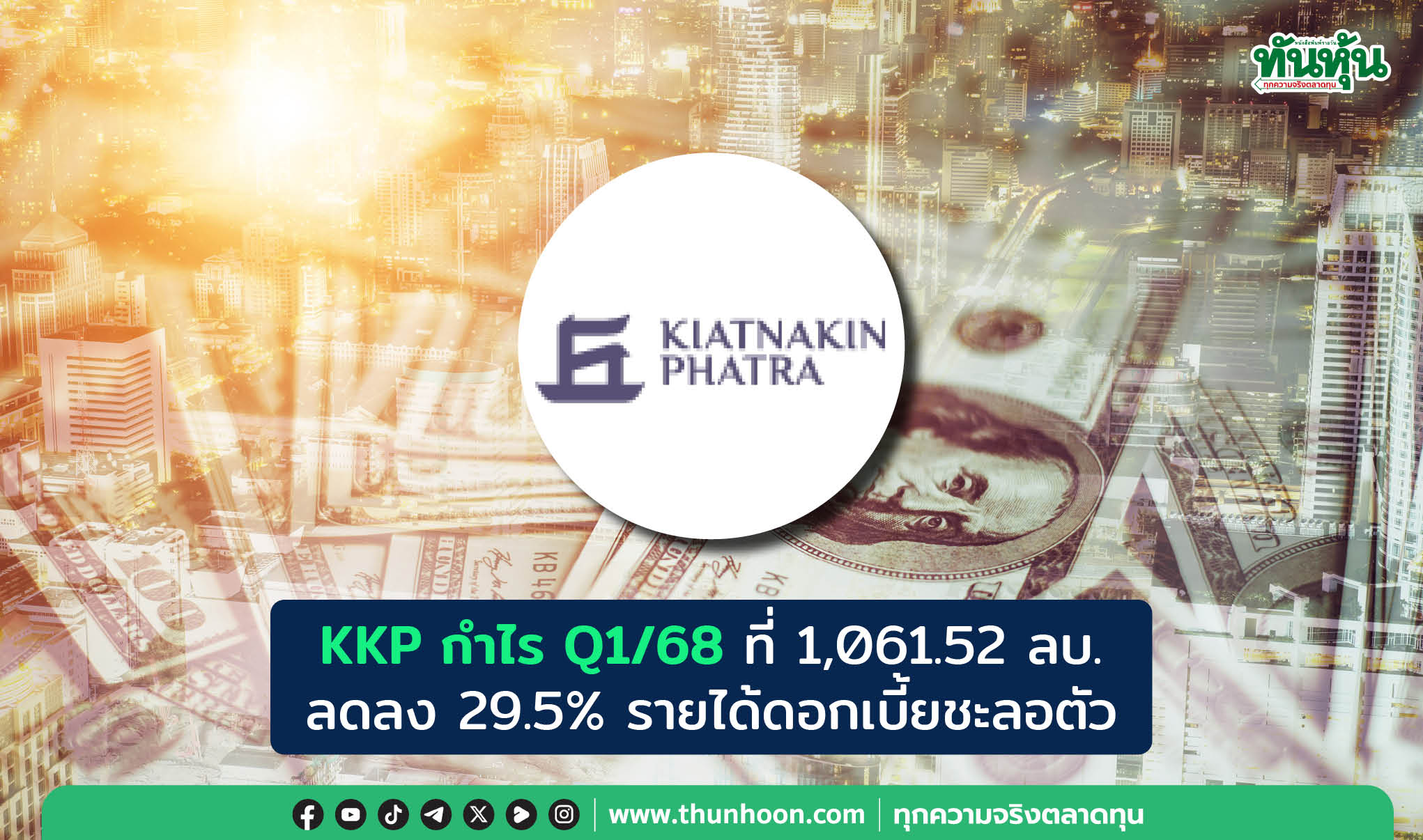 KKP กำไร Q1 ที่ 1,061.52 ลบ. ลง 29.5% รายได้ดบ.ชะลอตัว-ราคาหุ้นร่วง 6.73%