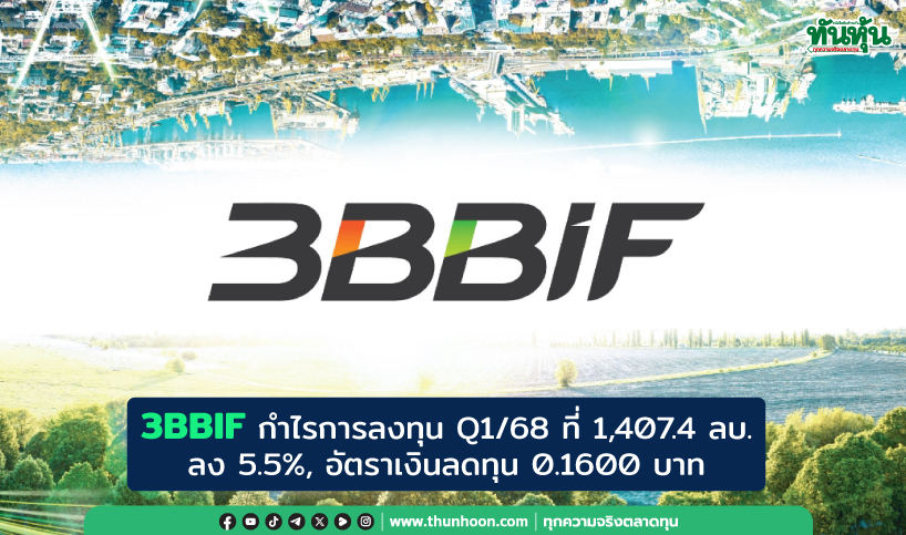3BBIF กำไรการลงทุน Q1/68 ที่ 1,407.4 ลบ. ลง 5.5%, จ่ายเงินลดทุน 0.1600 บาท