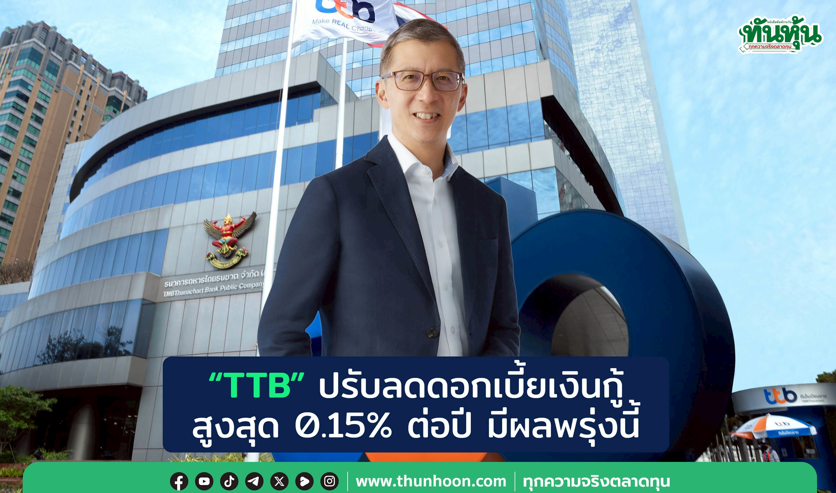 "TTB" ปรับลดดอกเบี้ยเงินกู้สูงสุด 0.15% ต่อปี มีผลพรุ่งนี้