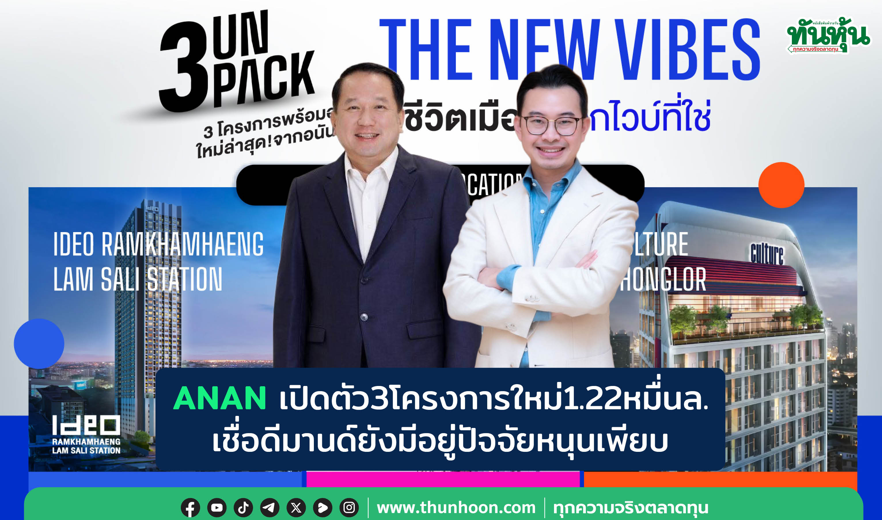 ANAN เปิดตัว3โครงการใหม่1.22หมื่นล. เชื่อดีมานด์ยังมีอยู่ปัจจัยหนุนเพียบ